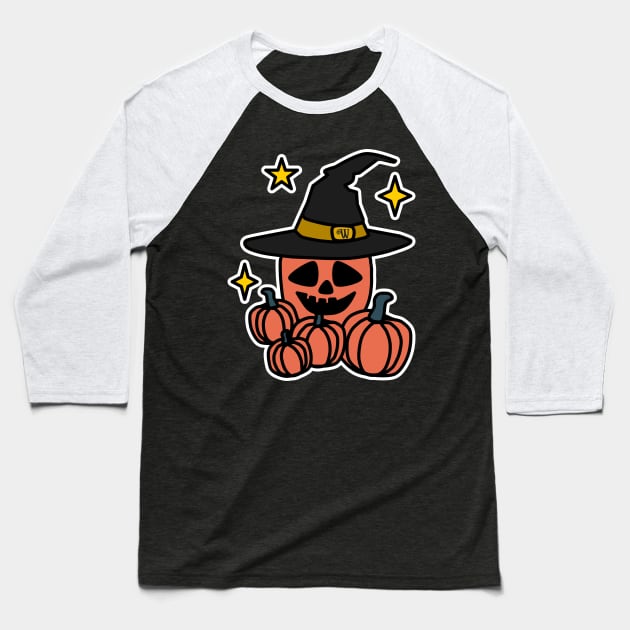 Spooky Halloween Pumpkin in a Witches Hat Baseball T-Shirt by Nice Surprise